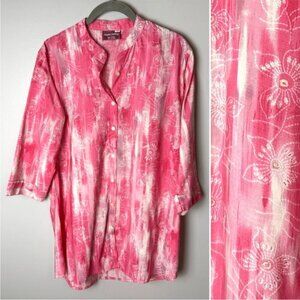 Maple Clothing Tunic Top Size Large Button Up Shirt 3/4 Sleeves Cotton Floral